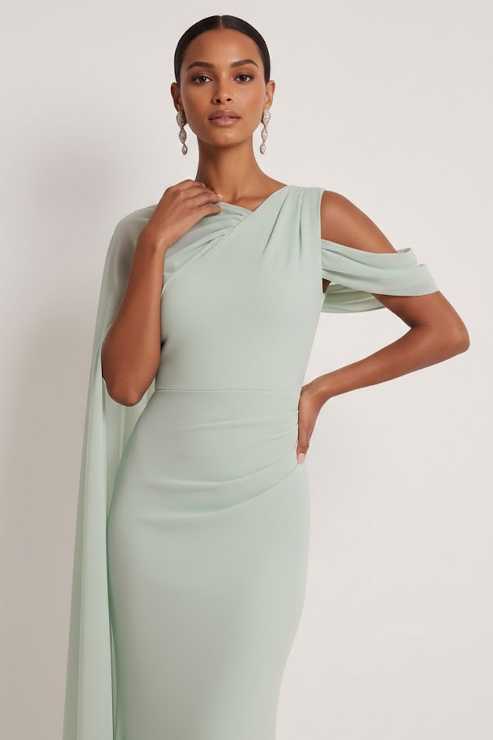 Dusty Sage Formal Dress Mermaid One Shoulder Chiffon Maxi Dress with Cape