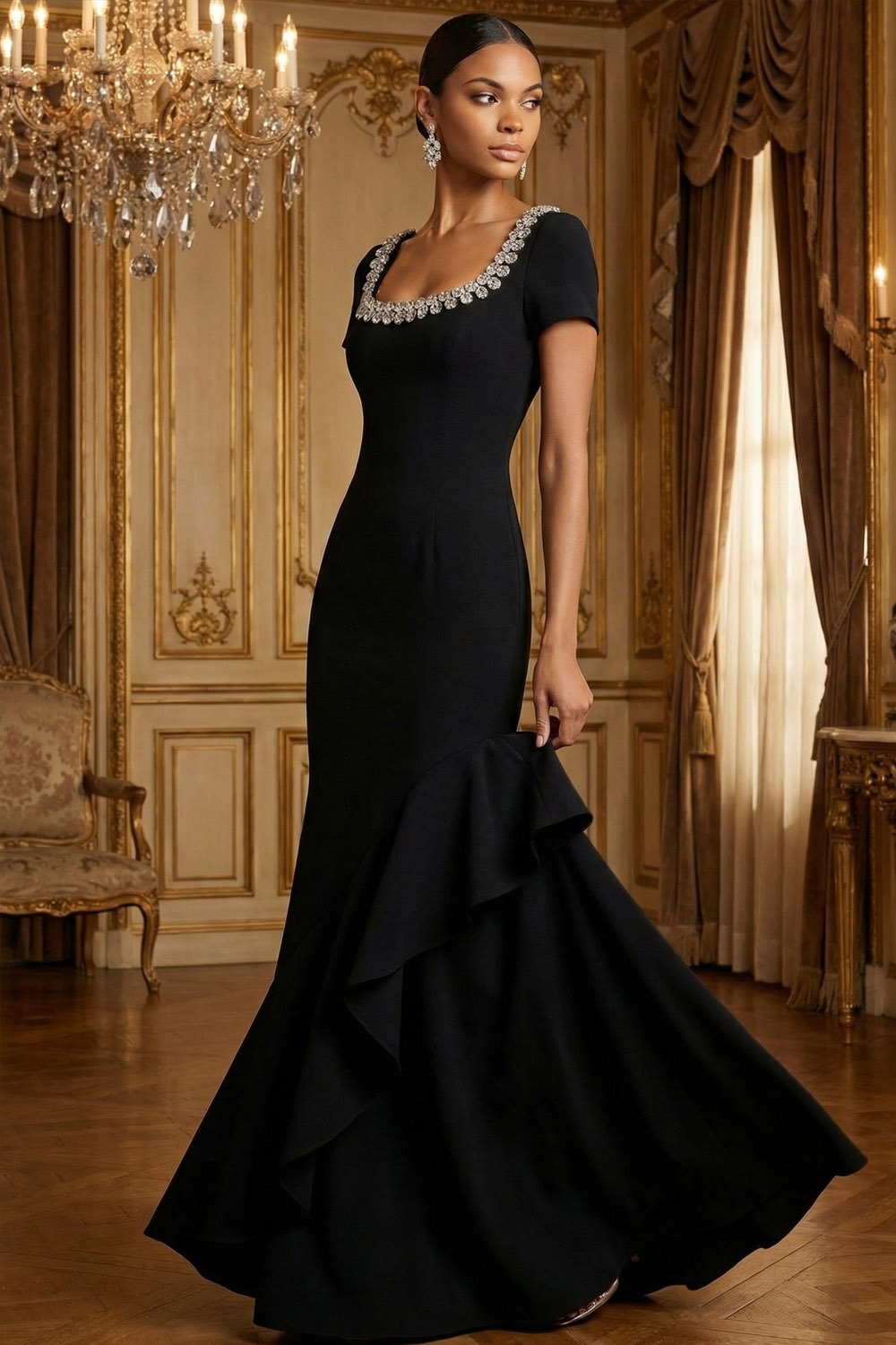 Black Formal Evening Dress Mermaid Square Neck Maxi Dress with Ruffle
