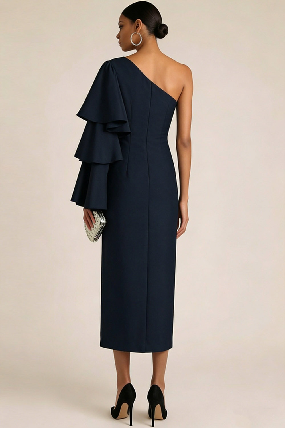 Navy Formal Evening Dress One Shoulder Ruffle Sleeve Chiffon Midi Dress