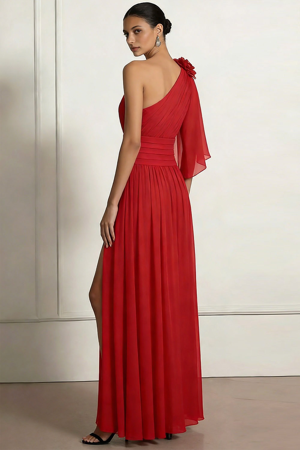 Red Formal Dress A-Line One Shoulder Ruffle Chiffon Maxi Dress with Slit