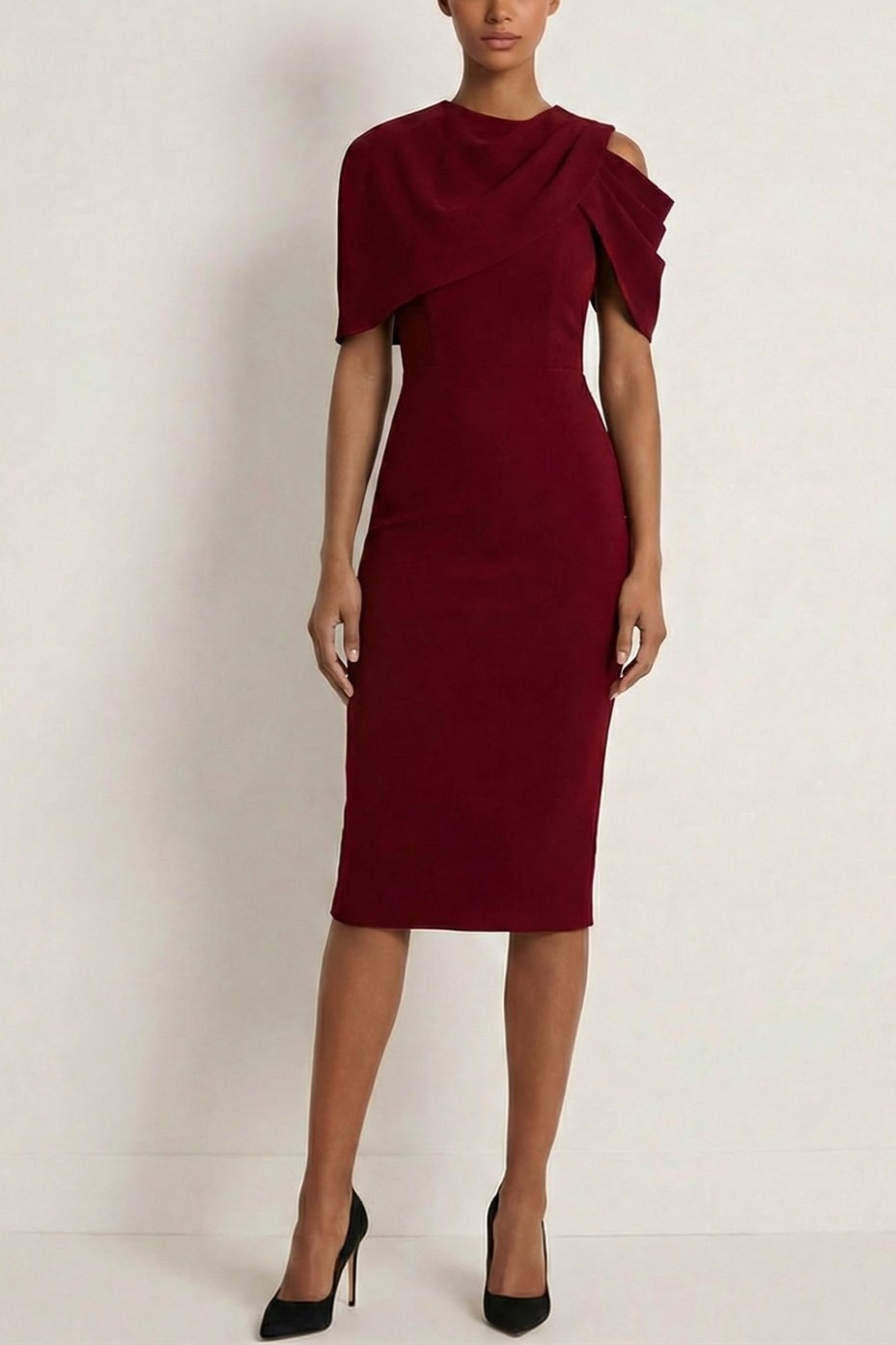 Burgundy Formal Evening Dress Bodycon Asymmetrical Neck Chiffon Midi Dress