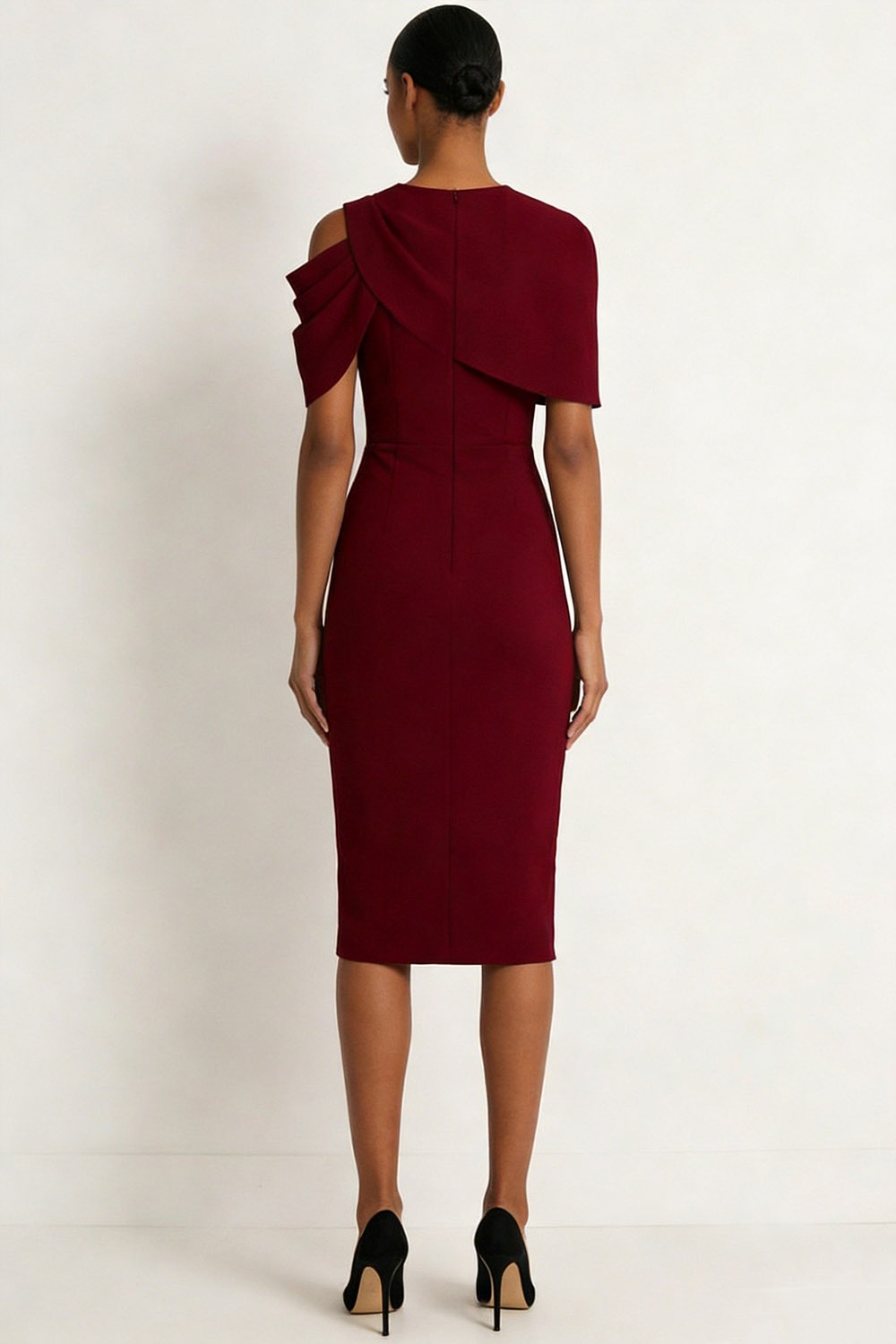 Burgundy Formal Evening Dress Bodycon Asymmetrical Neck Chiffon Midi Dress