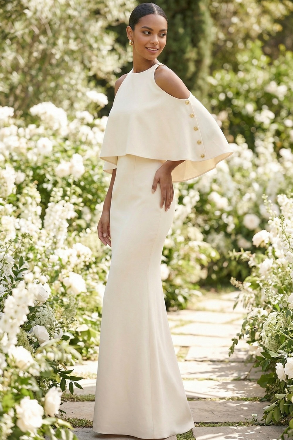 White Formal Dress Sheath One Shoulder Chiffon Maxi Dress with Cape