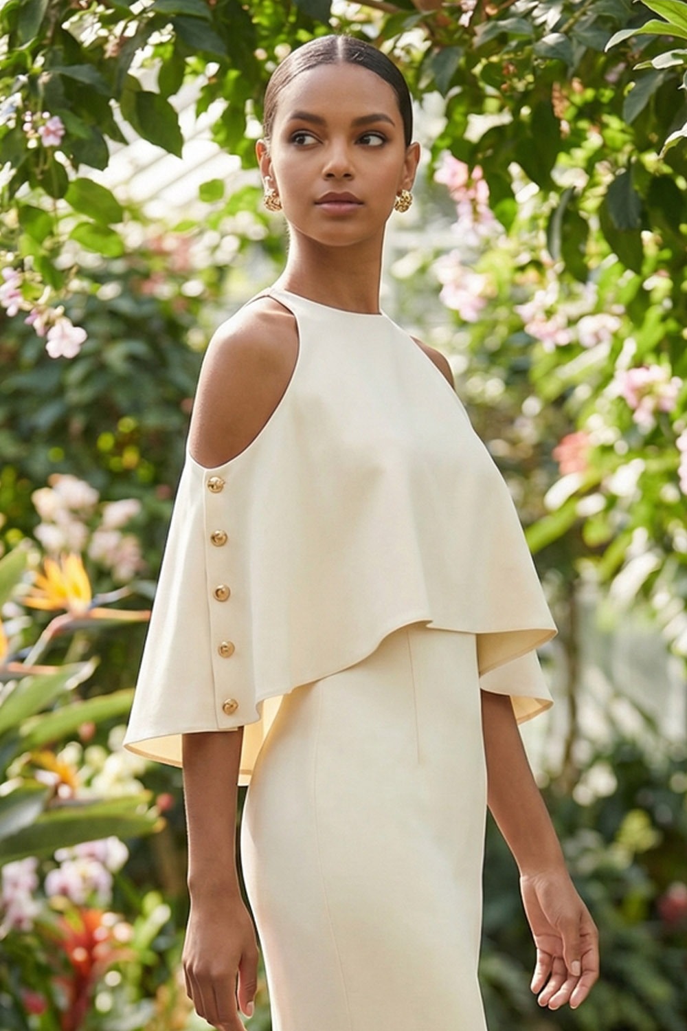White Formal Dress Sheath One Shoulder Chiffon Maxi Dress with Cape
