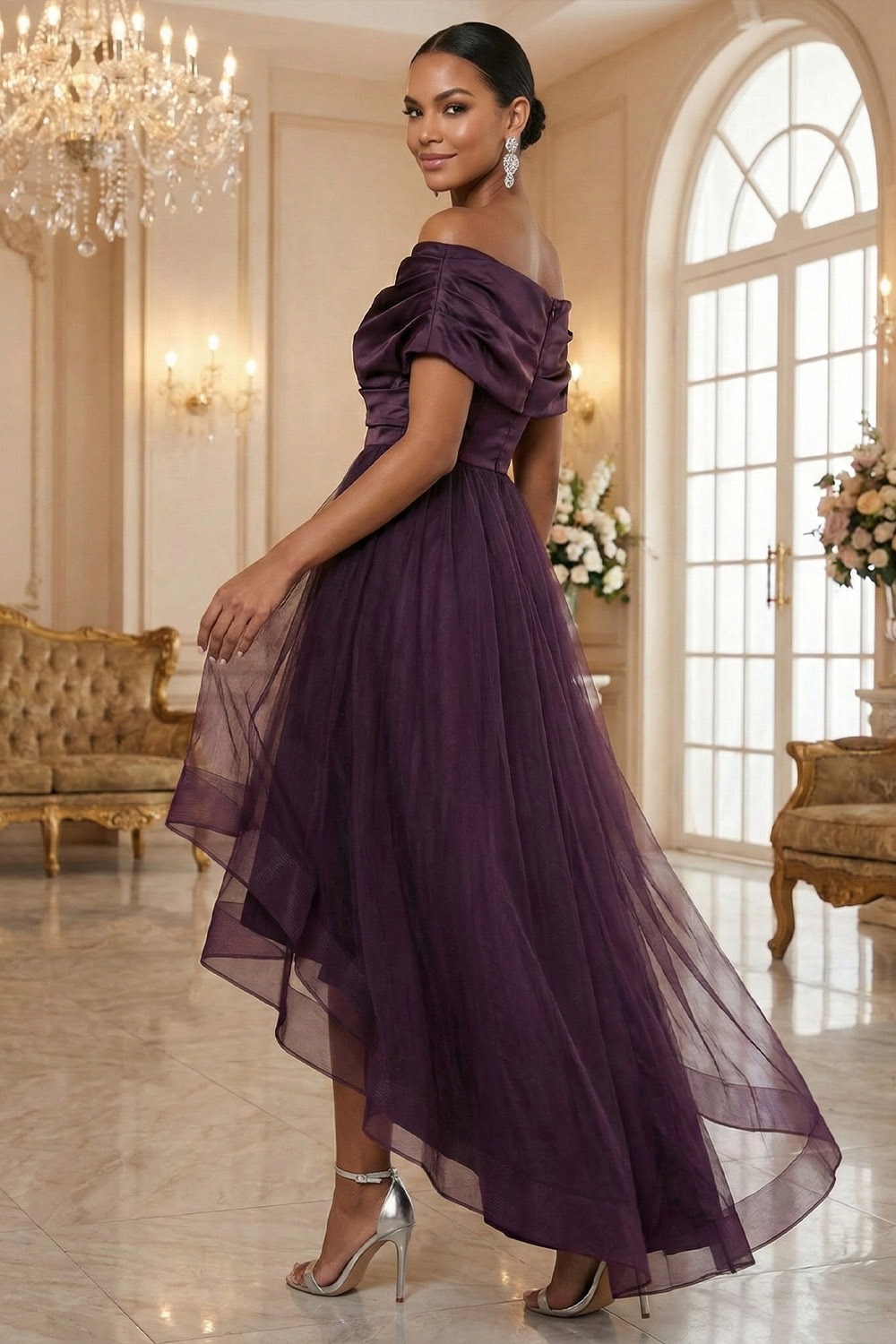 Dark Purple Formal Dress A-Line Off the Shoulder Tulle High-Low Dress