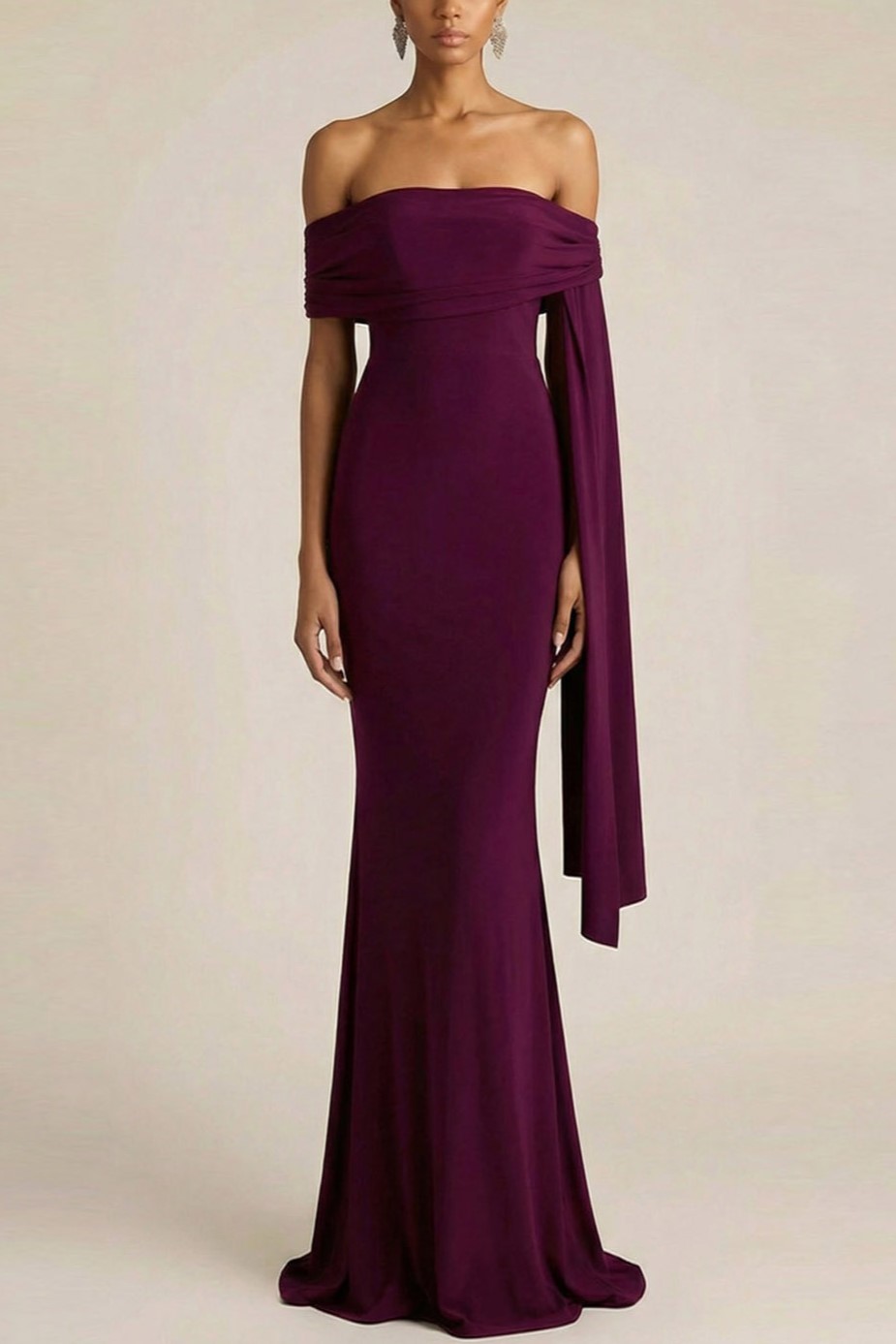 Purplish Red Formal Dress Mermaid Off the Shoulder Cape Chiffon Maxi Dress