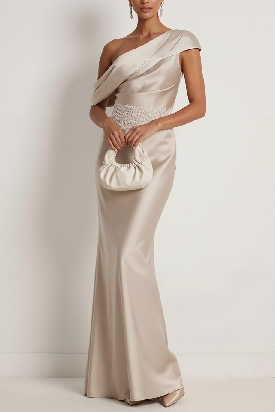 Ivory Formal Evening Dress Asymmetrical Neck Satin Maxi Dress with Lace