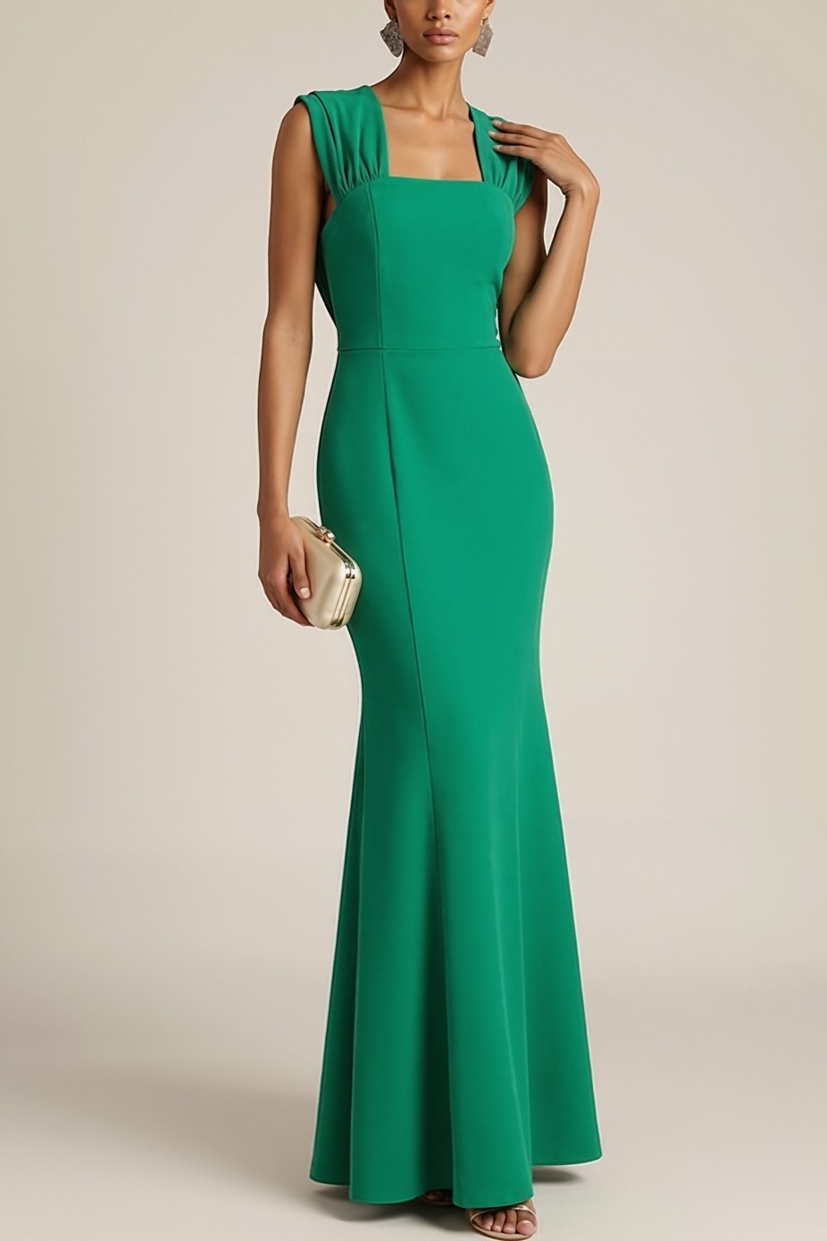 Green Formal Evening Dress Mermaid Square Neck Maxi Dress