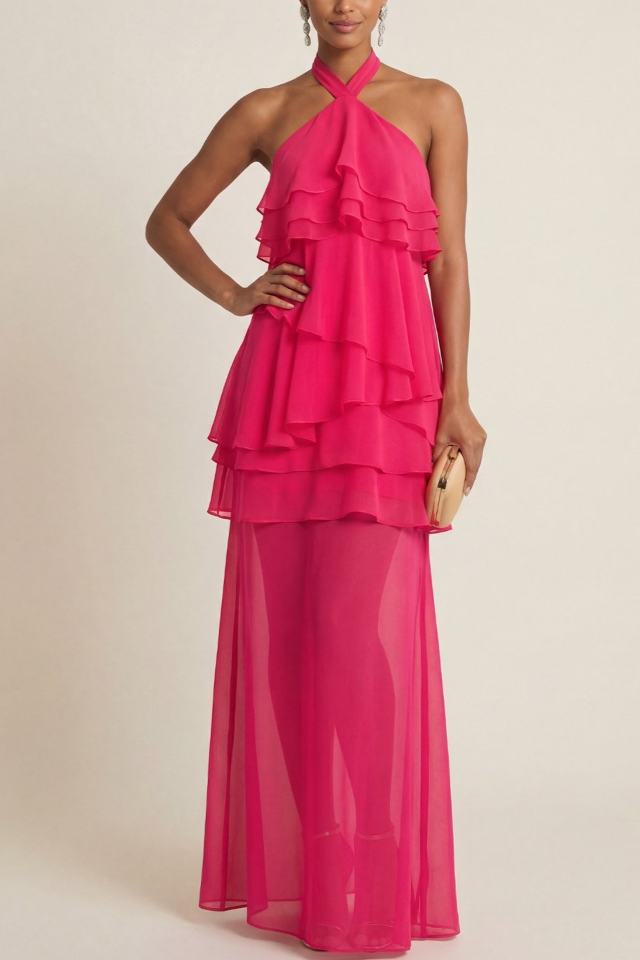 Fuchsia Formal Evening Dress A-Line Halter Ruffle Chiffon Maxi Dress