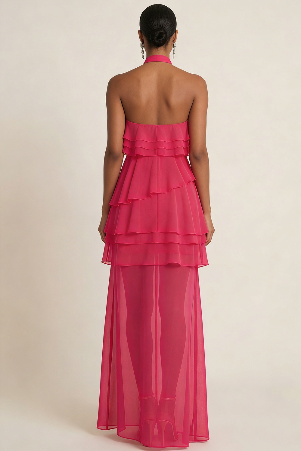 Fuchsia Formal Evening Dress A-Line Halter Ruffle Chiffon Maxi Dress