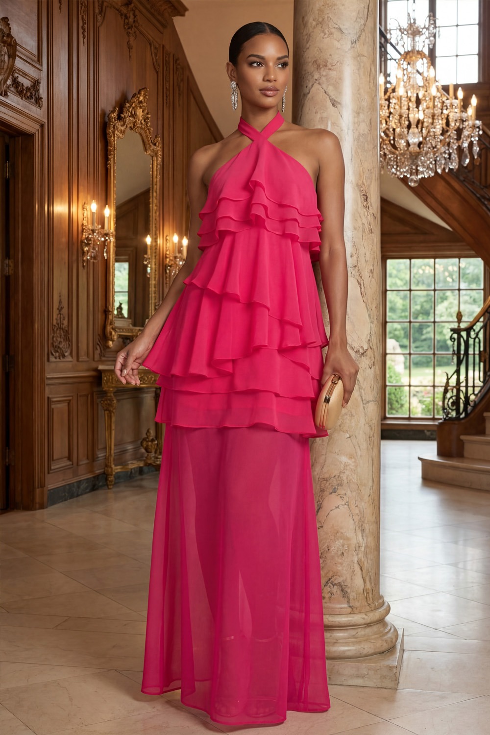 Fuchsia Formal Evening Dress A-Line Halter Ruffle Chiffon Maxi Dress