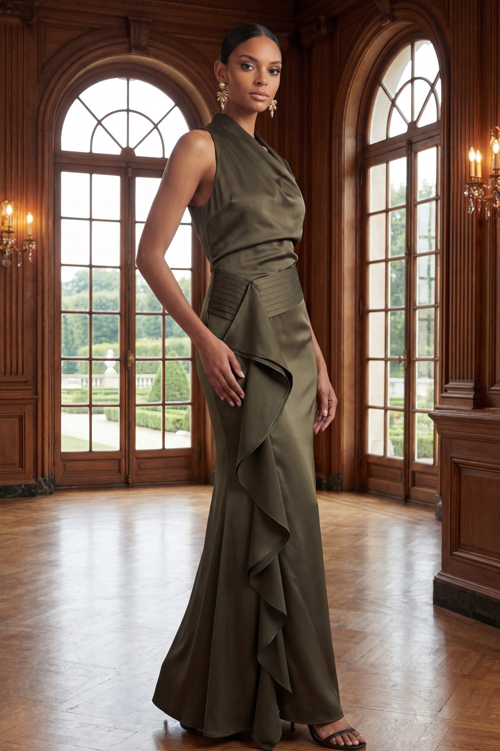 Army Green Formal Evening Dress Asymmetrical Neck Ruffle Maxi Dress