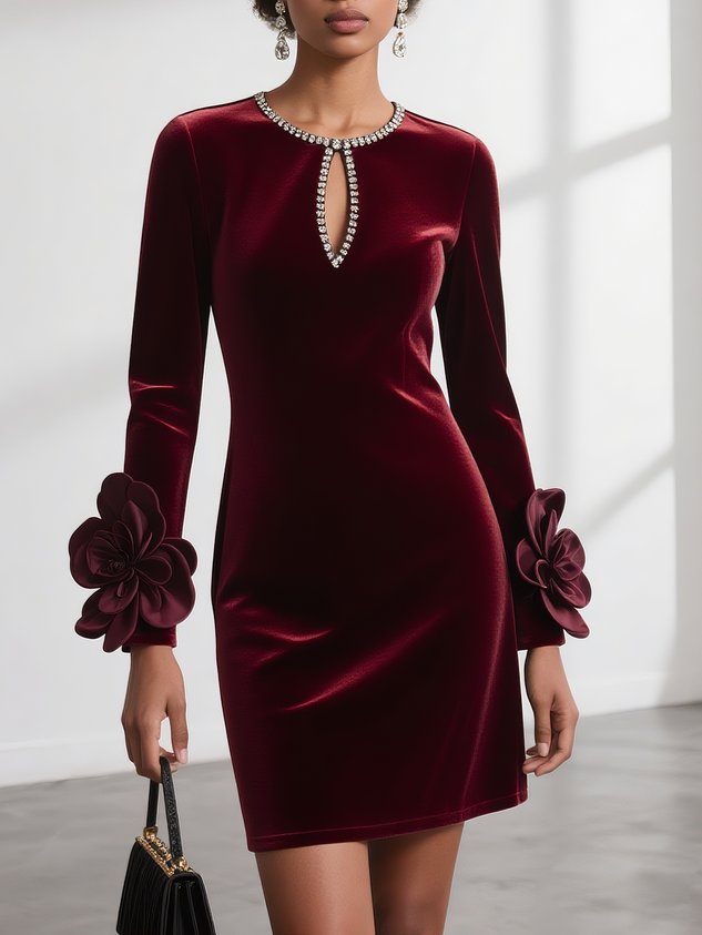 Black 3D Floral Rhinestone Velvet Crew Neck Long Sleeve Sheath Mini Dress
