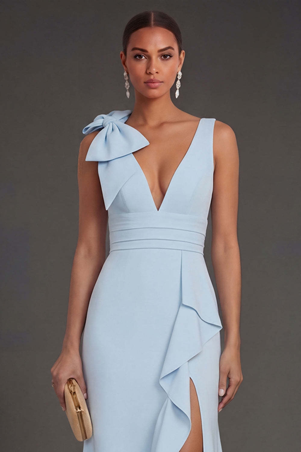 Dark Green Mermaid Ruffled V Neck Long Formal Dress with Slit