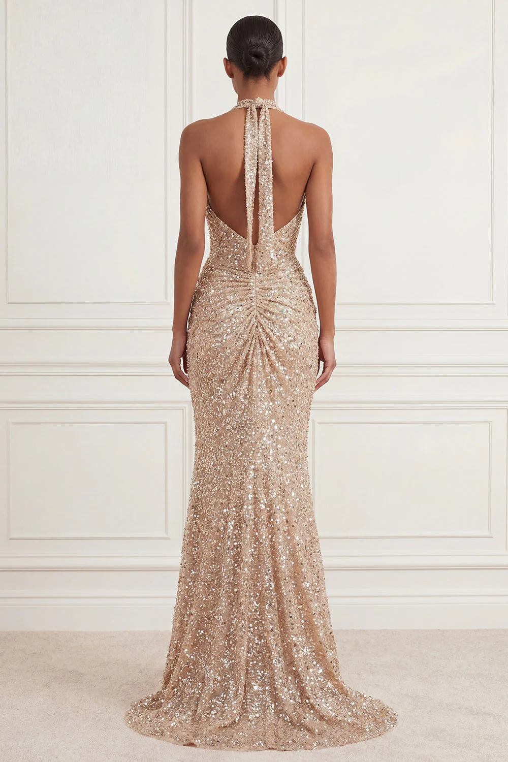 Sparkly Champagne Halter Ruched Sequin Long Gala Dress with Slit
