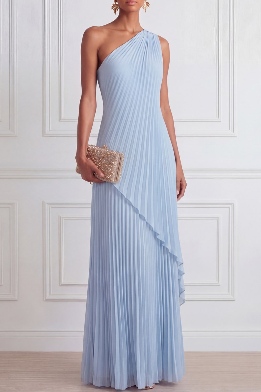 Sky Blue Formal Dress A-Line One Shoulder Pleated Chiffon Maxi Dress