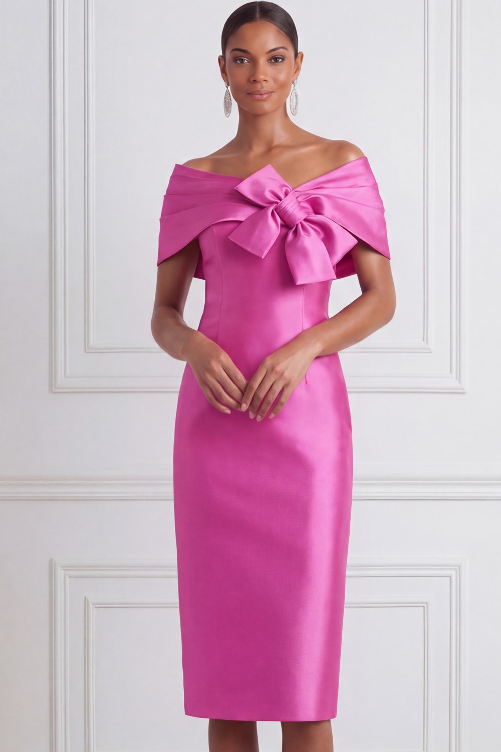 Fuchsia Cocktail Party Dress​​ Off the Shoulder Midi Dress with Bow