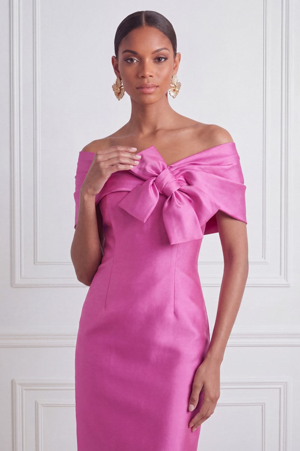 Fuchsia Cocktail Party Dress​​ Off the Shoulder Midi Dress with Bow