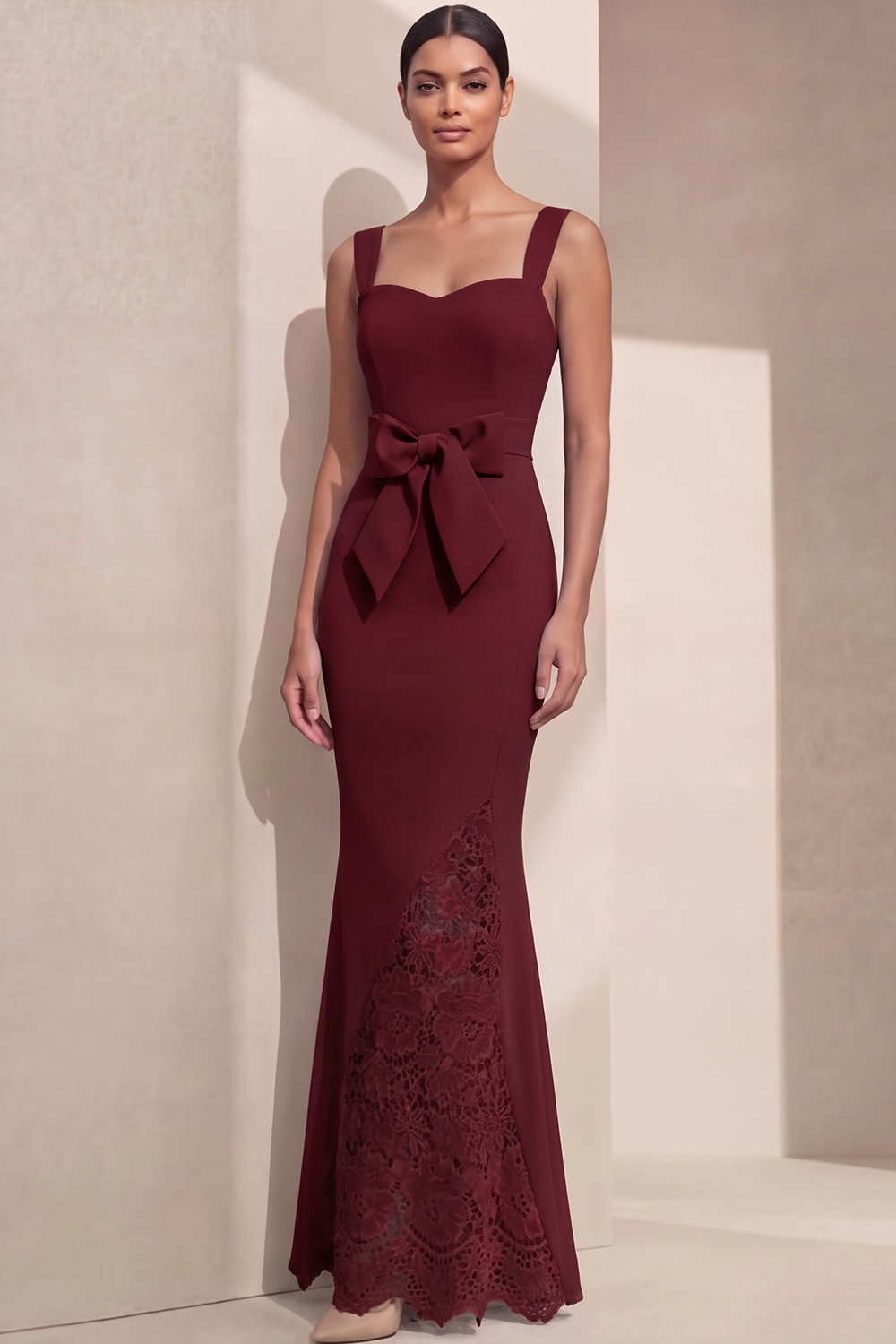 Navy Formal Evening Dress Mermaid Straps Maxi Dress with Bow