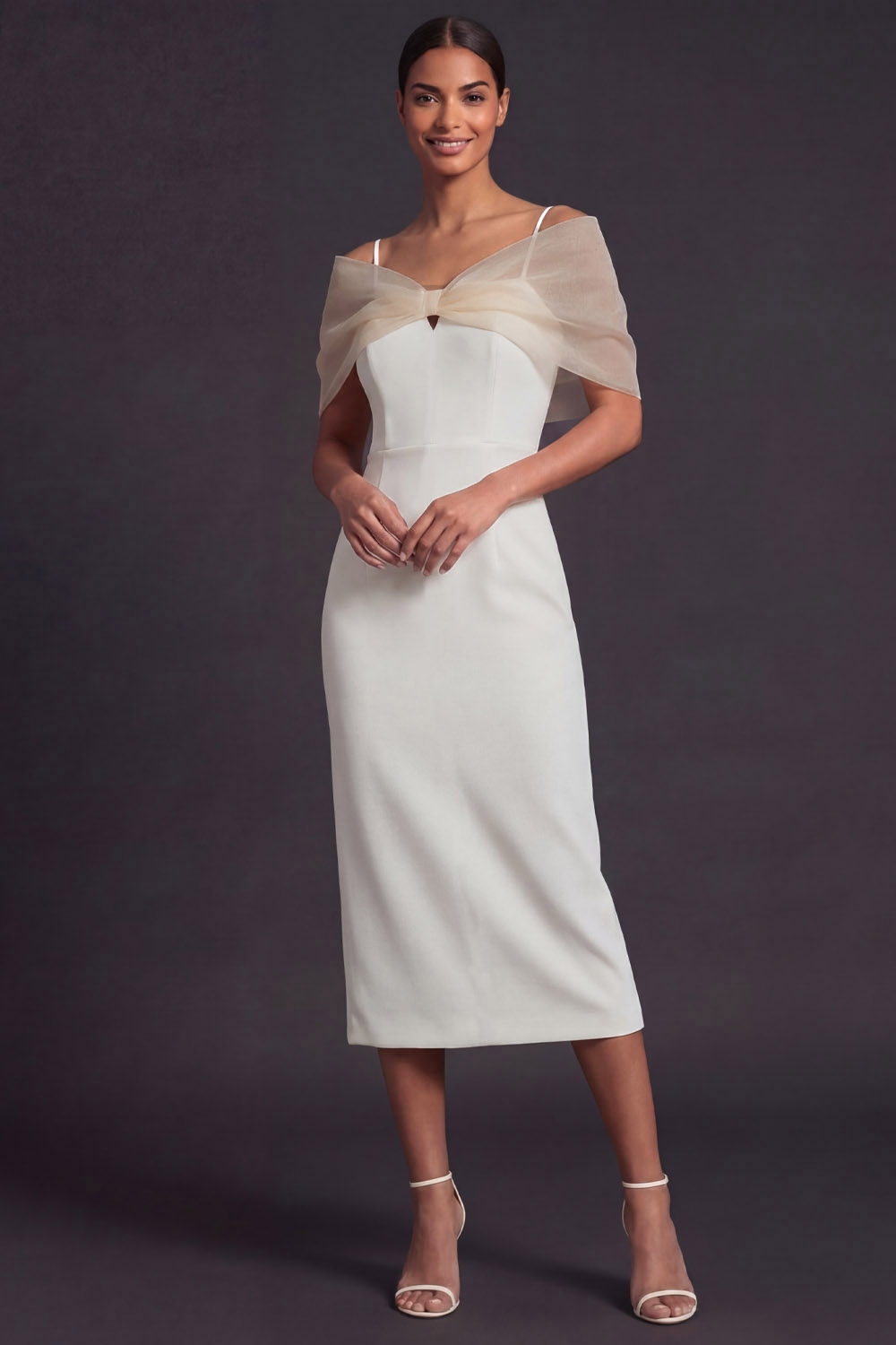 White Formal Evening Dress Sheath Spaghetti Straps Midi Dress with Cape