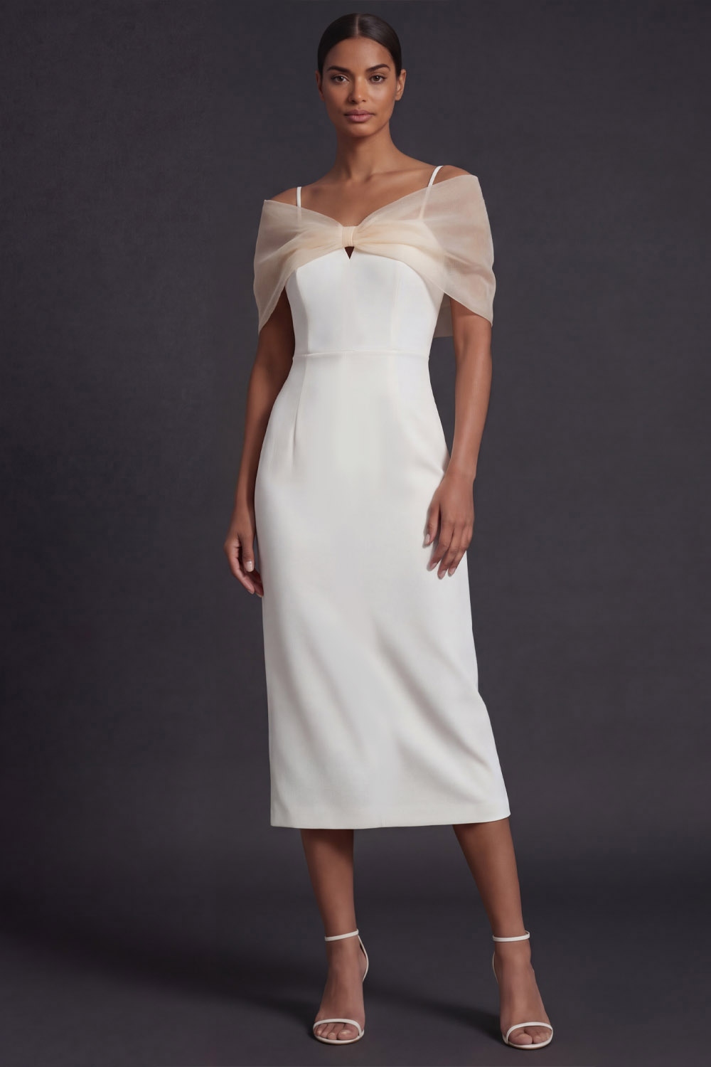 White Formal Evening Dress Sheath Spaghetti Straps Midi Dress with Cape