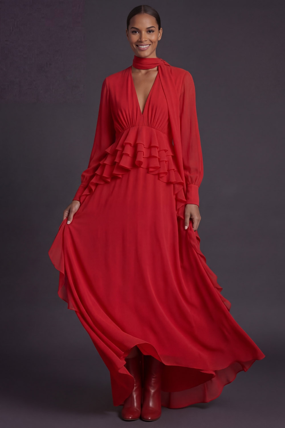 Red Formal Evening Dress V-Neck Chiffon Maxi Dress with Scarf