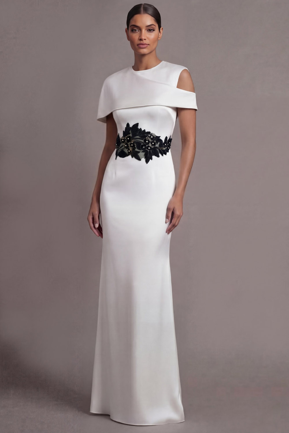 White Formal Evening Dress Asymmetrical Neck Appliqued Maxi Dress