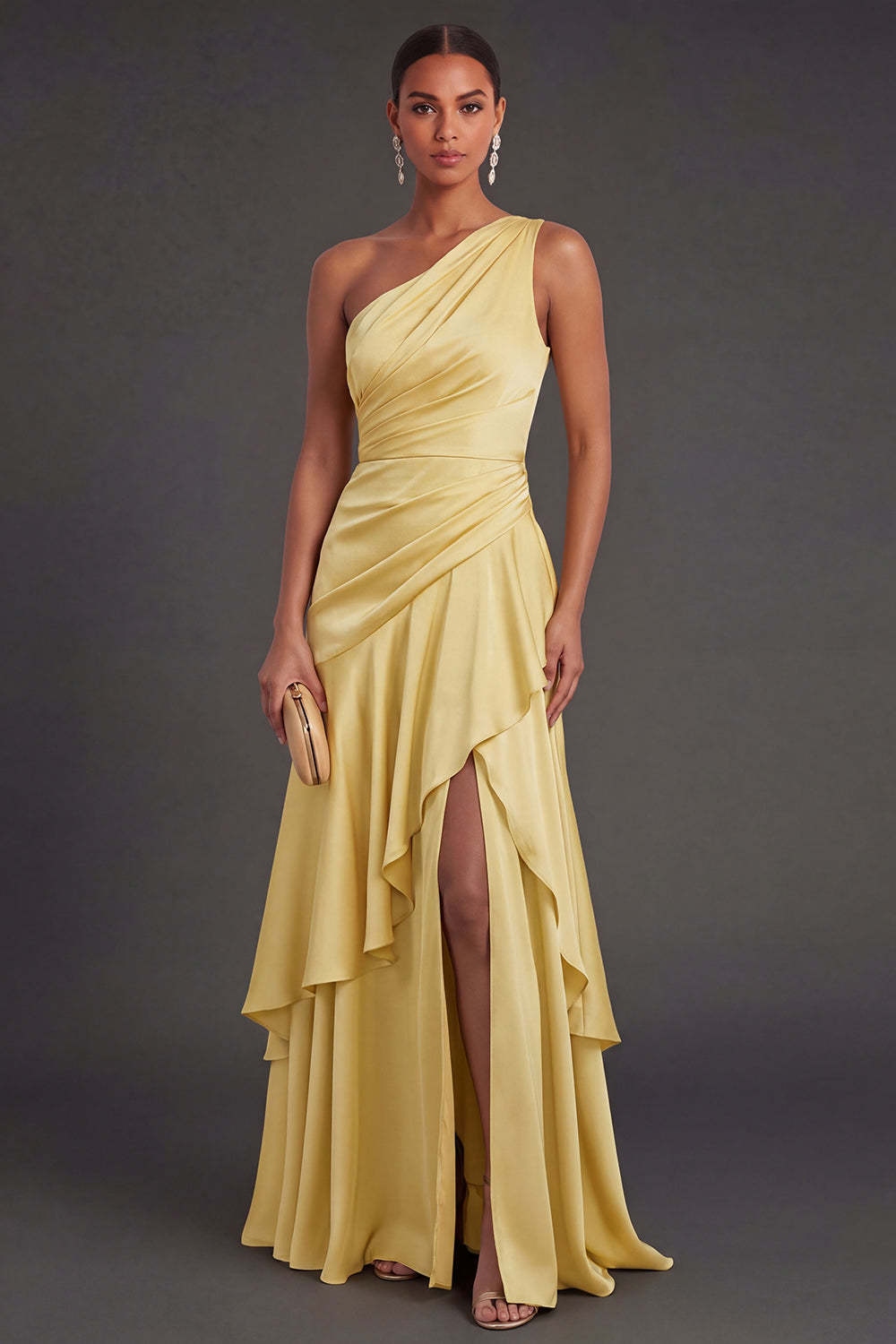 Yellow Ruffled Satin Long Formal Dress