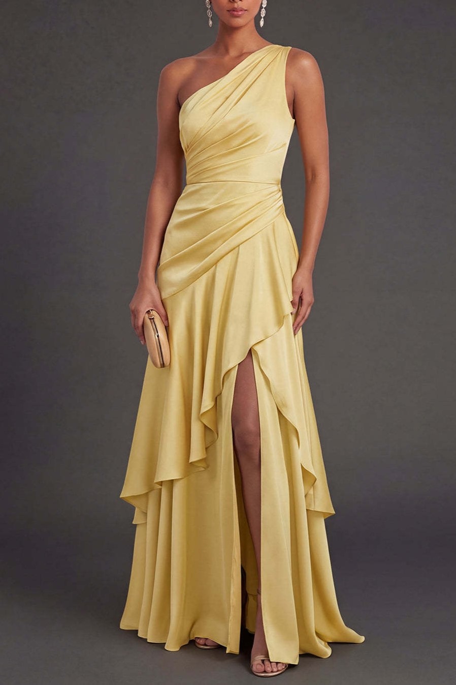 Yellow Ruffled Satin Long Formal Dress
