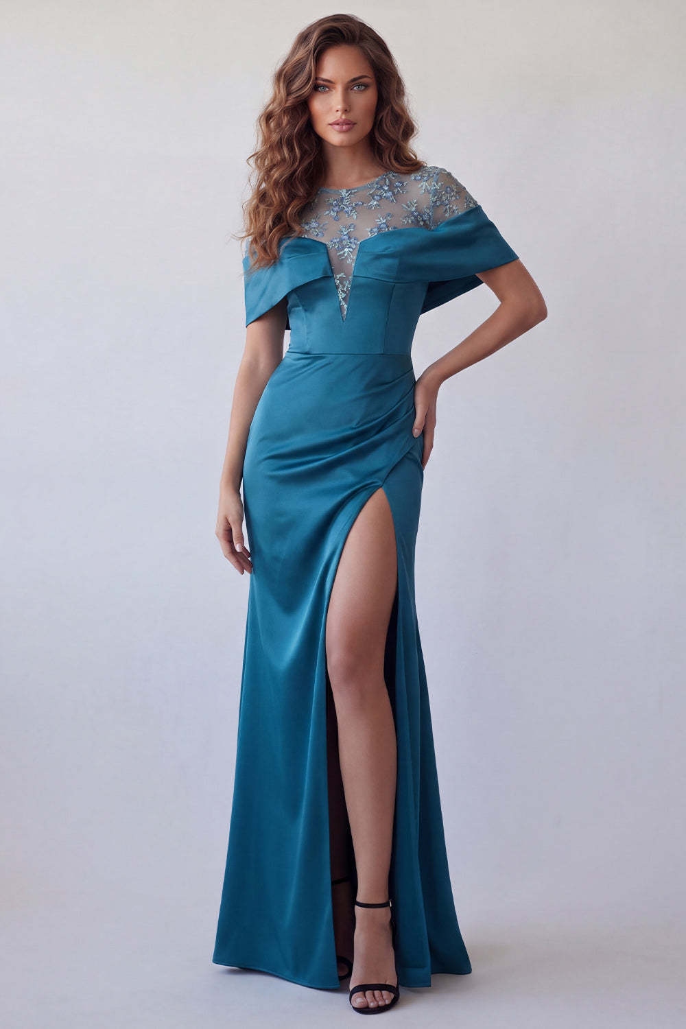 Peacock Blue Mermaid Floral Long Formal Dress with Slit