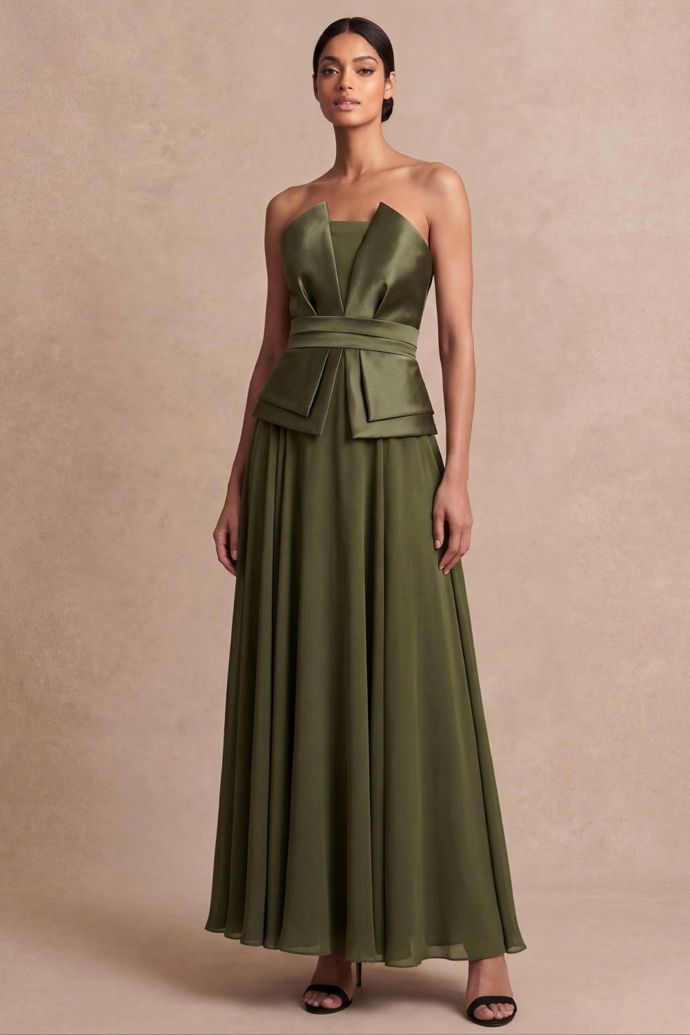 Dusty Blue Wedding Guest Dress A-Line Strapless Satin Maxi Dress