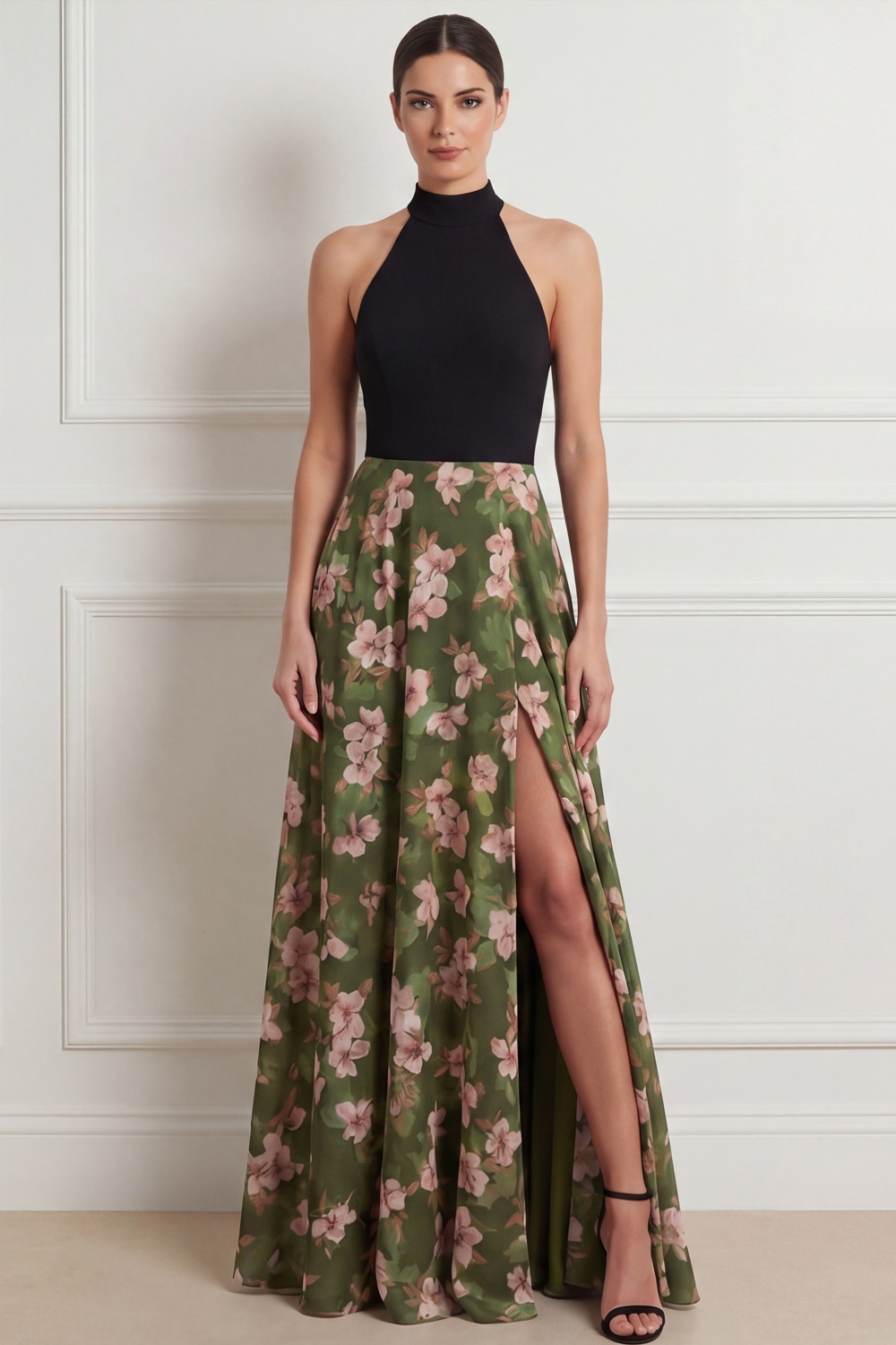 Olive Formal Dress Halter A-Line Floral Chiffon Maxi Dress with Slit