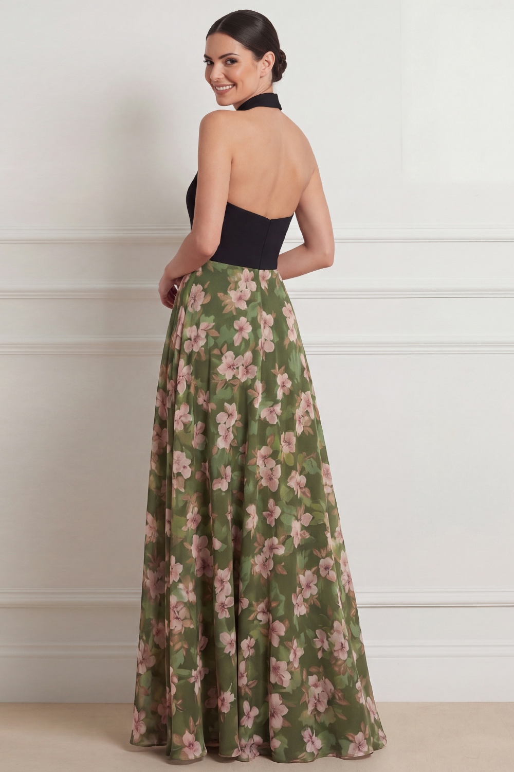Olive Formal Dress Halter A-Line Floral Chiffon Maxi Dress with Slit