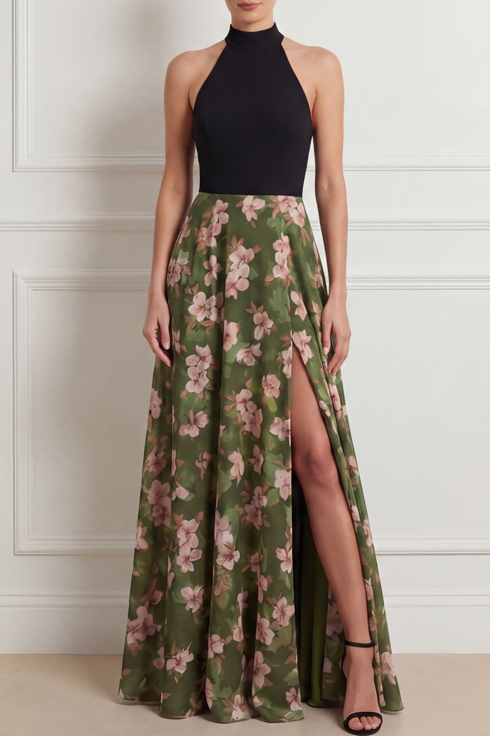 Olive Formal Dress Halter A-Line Floral Chiffon Maxi Dress with Slit