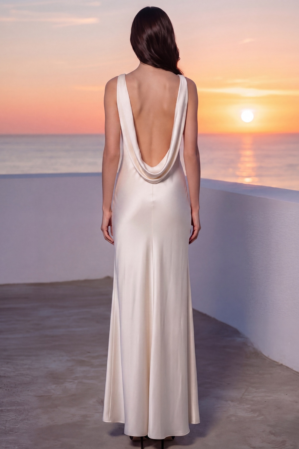 White Formal Evening Dress Crew Neck Satin Maxi Dress with 3D Flower