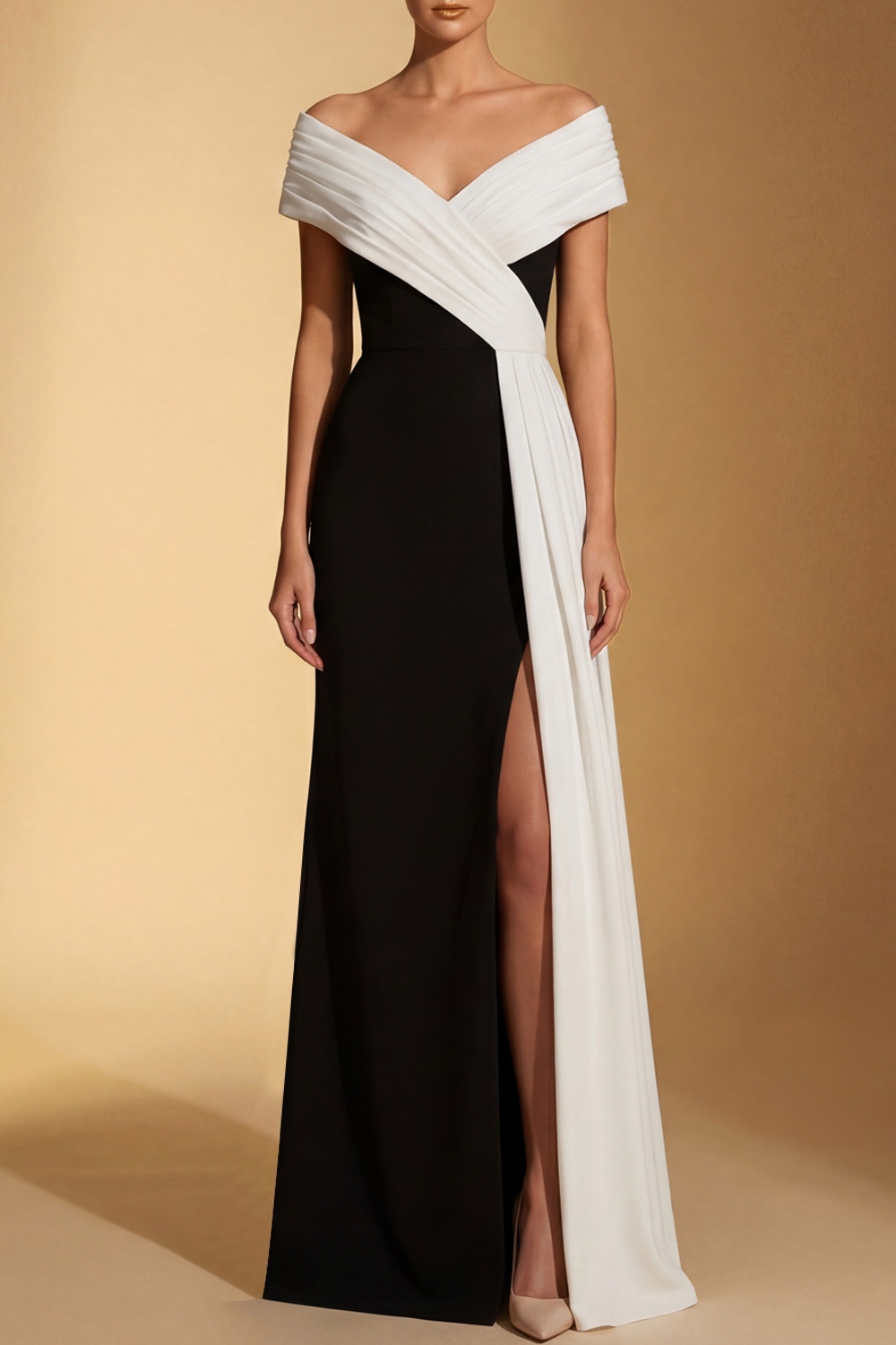 Black Evening Formal Dress Off the Shoulder Slit Maxi Dress with Side Cape