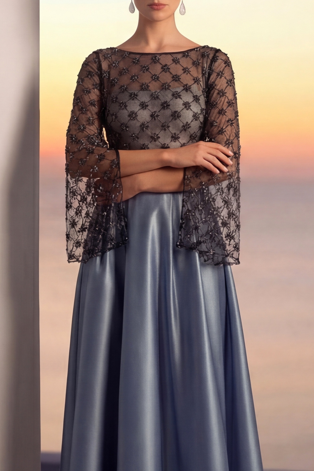 Gold Evening Formal Dress A-Line Crew Neck Satin Maxi Dress