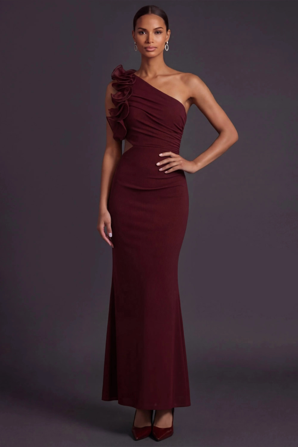 Burgundy Mermaid One Shoulder Ruffled Maxi Dress