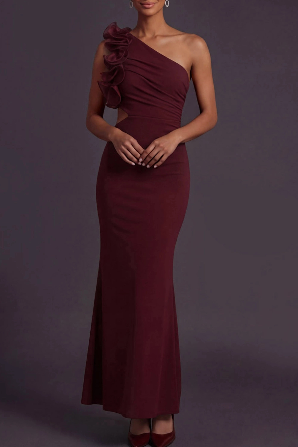 Burgundy Mermaid One Shoulder Ruffled Maxi Dress