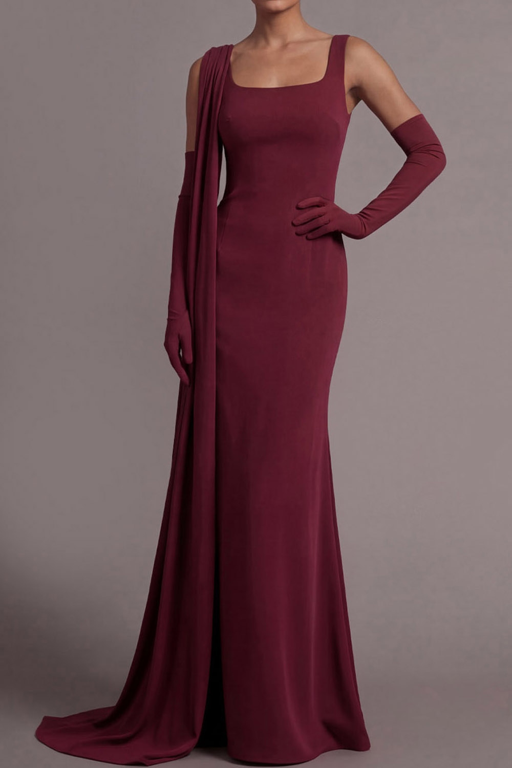 Burgundy Formal Evening Dress Mermaid Wide Straps Cape Maxi Dress