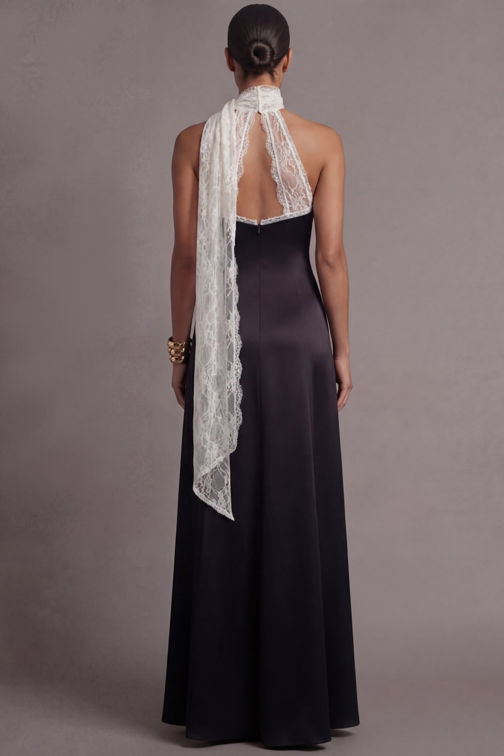 Black Formal Dress A-Line Halter Satin Maxi Dress with Scarf