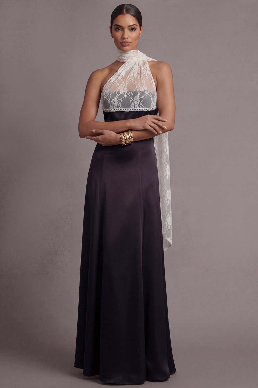 Black Formal Dress A-Line Halter Satin Maxi Dress with Scarf