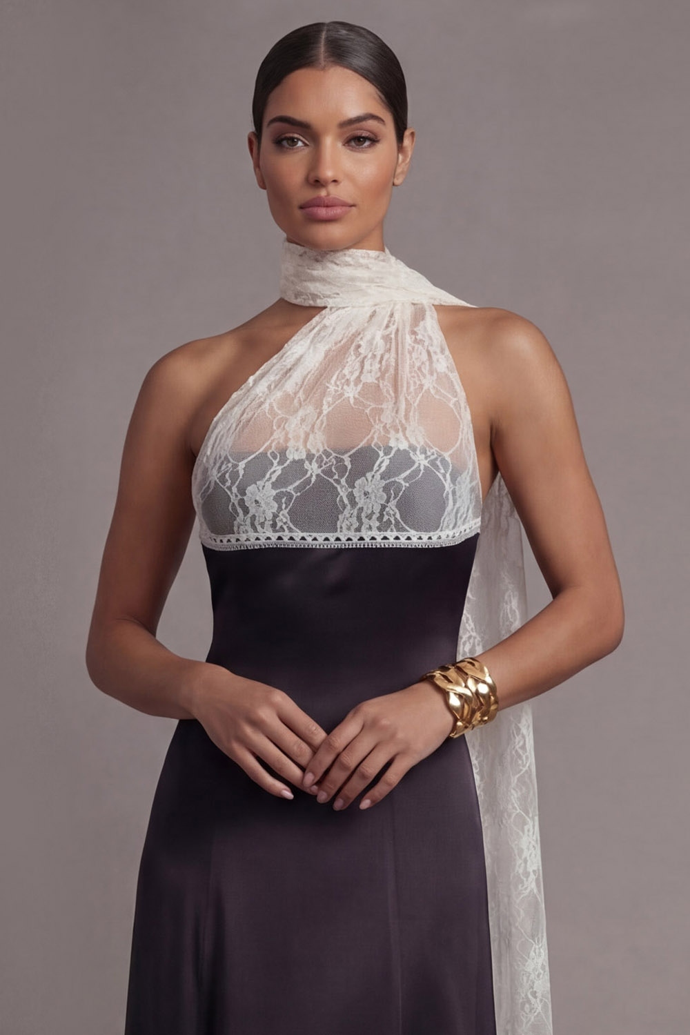 Black Formal Dress A-Line Halter Satin Maxi Dress with Scarf
