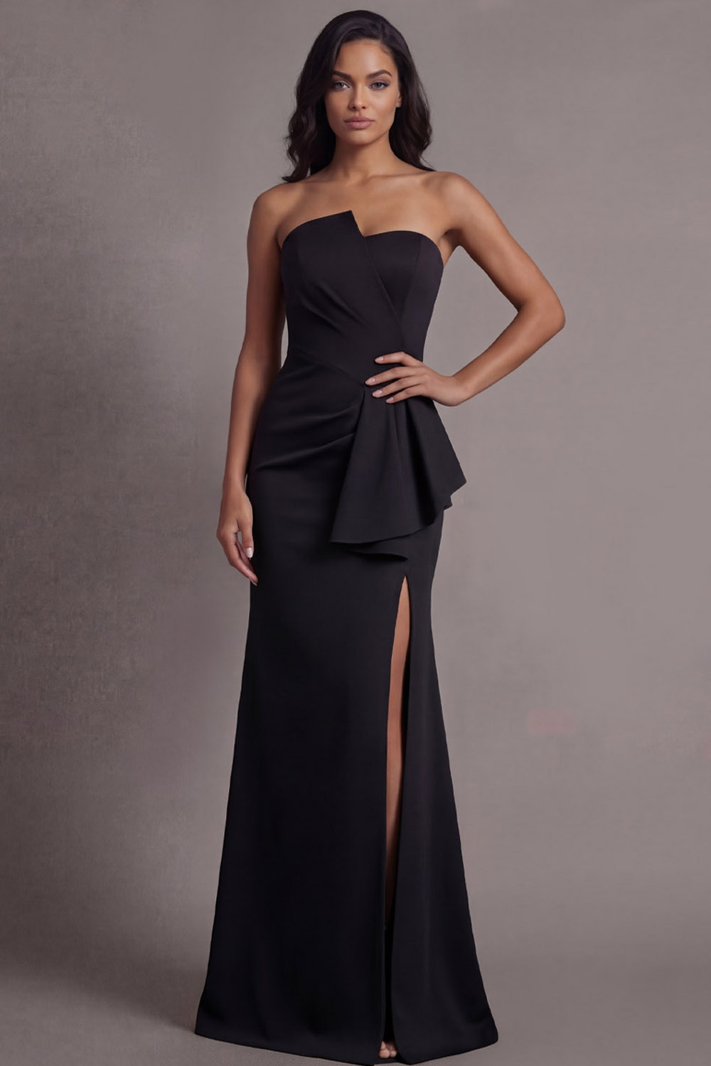 Black Formal Evening Dress Mermaid Strapless Ruffled Maxi Dress with Slit