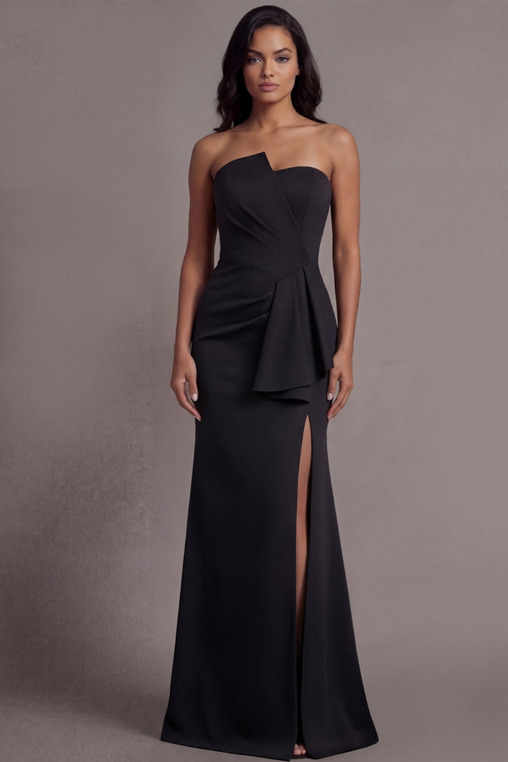 Black Formal Evening Dress Mermaid Strapless Ruffled Maxi Dress with Slit