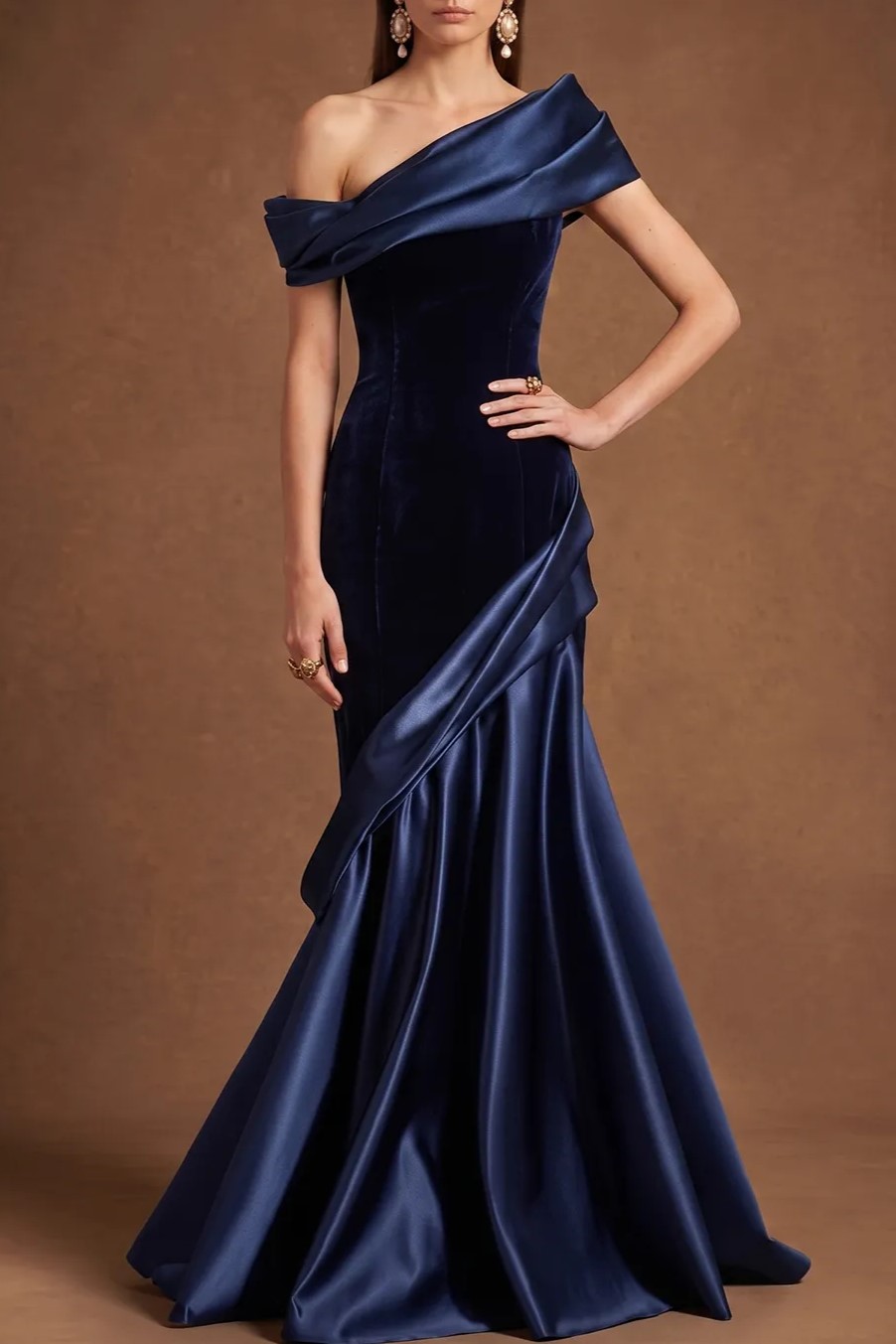 Navy Blue One Shoulder Velvet Satin Mermaid Evening Dress