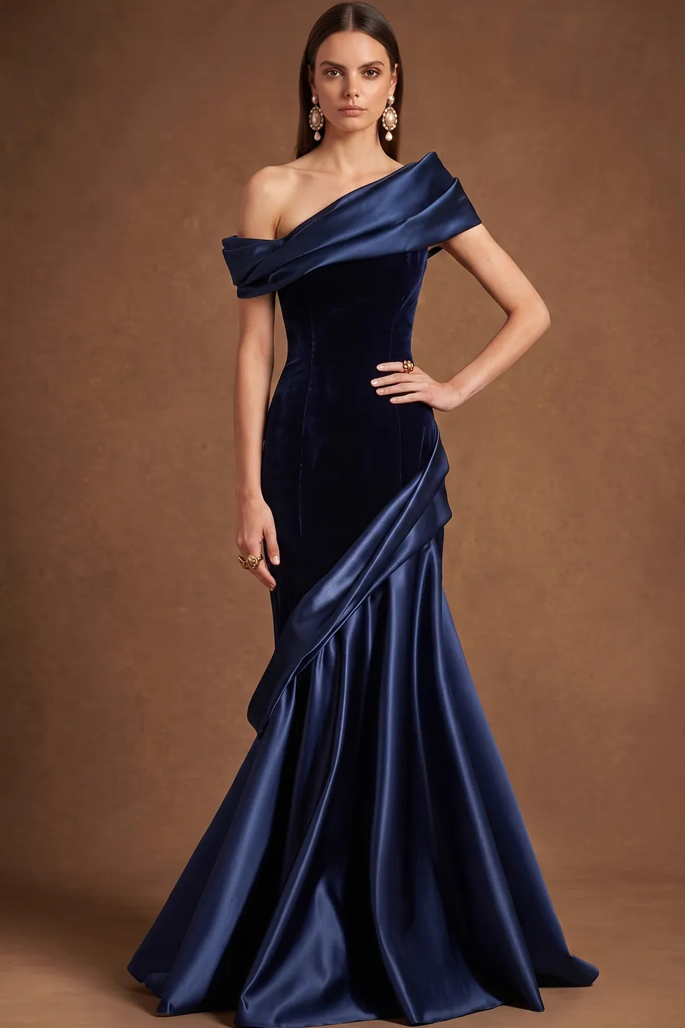 Navy Blue One Shoulder Velvet Satin Mermaid Evening Dress
