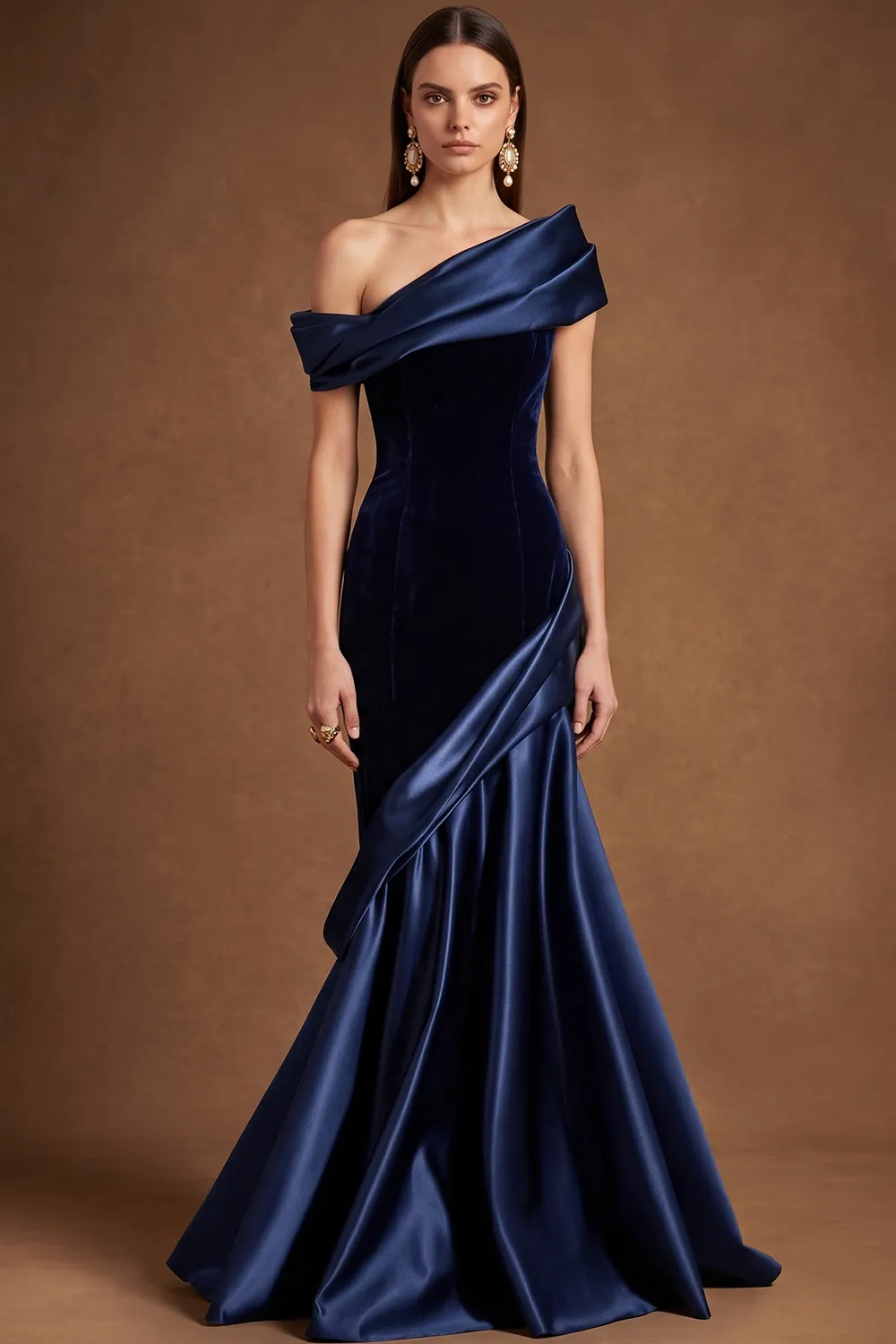 Navy Blue One Shoulder Velvet Satin Mermaid Evening Dress