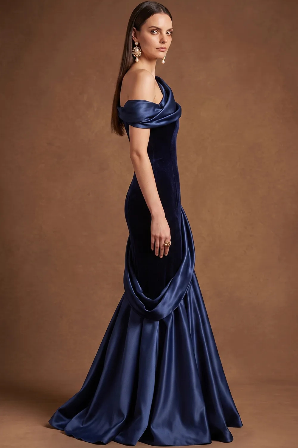 Navy Blue One Shoulder Velvet Satin Mermaid Evening Dress