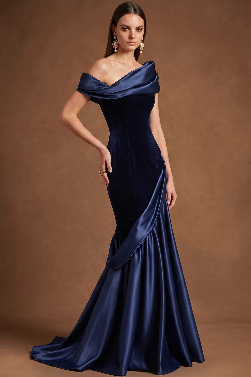 Navy Blue One Shoulder Velvet Satin Mermaid Evening Dress